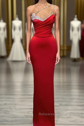 Red Long Mermaid One Shoulder Satin Semi Formal Dresses With Beadings Sleeveless